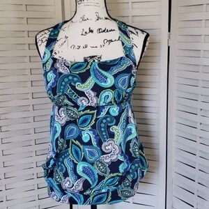 Lands End blue paisley black halter built in bra  tankini size 10